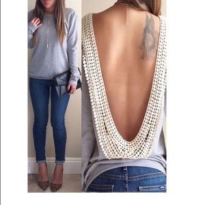 NWOT - gray top open back white lace embroidered